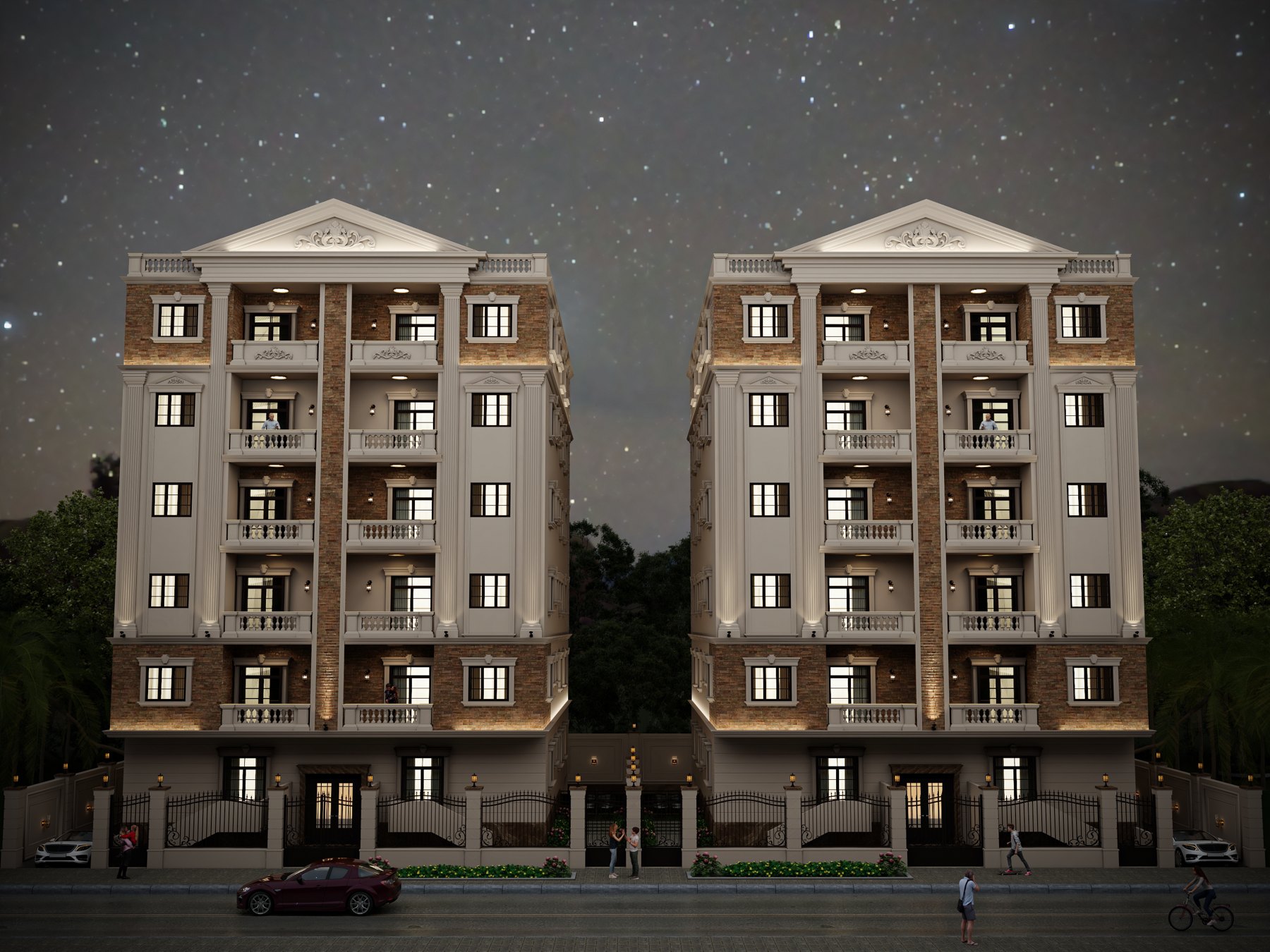 NB 26 — Mini Compound NB 26+27 — Corner facade — classical detailing and brick cladding