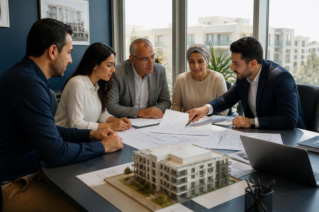 Owners and engineers reviewing project cost sheets and drawings in a New Cairo office