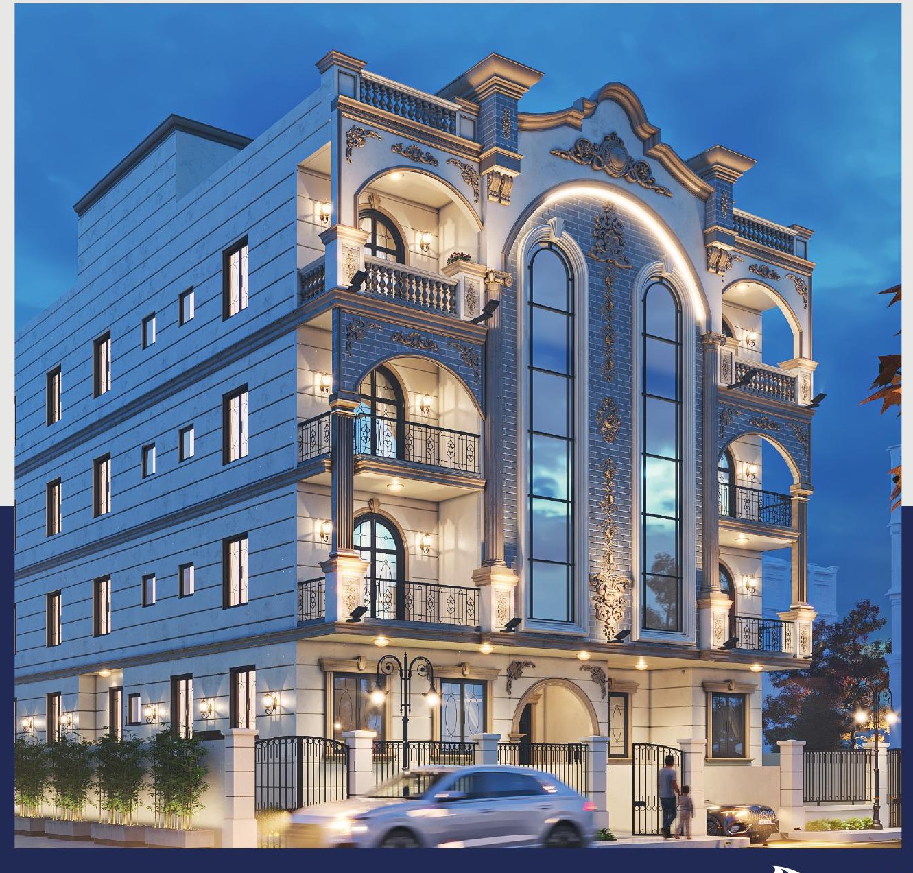 C-135 — Beit Al Watan — Corner facade at dusk