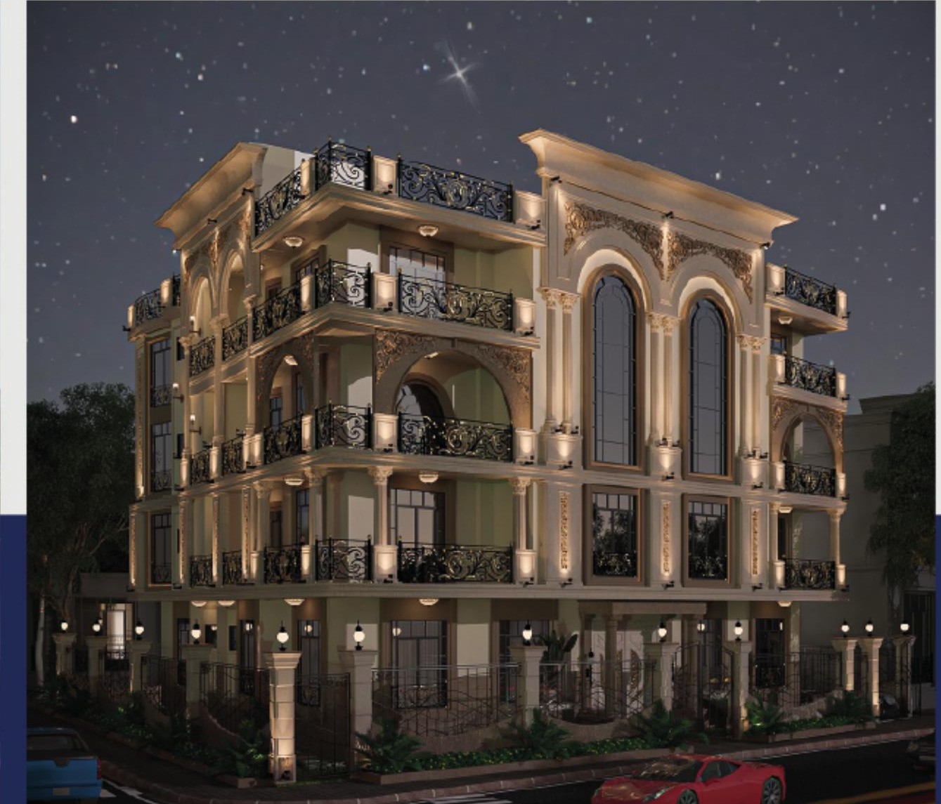 J-168 — North Rehab — Corner view — night lighting