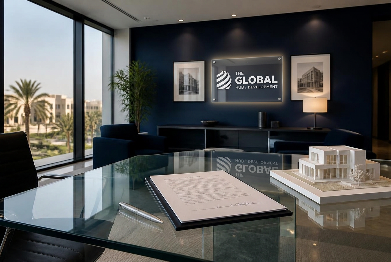 A modern real estate office with a signed contract and The Global Hub Development logo