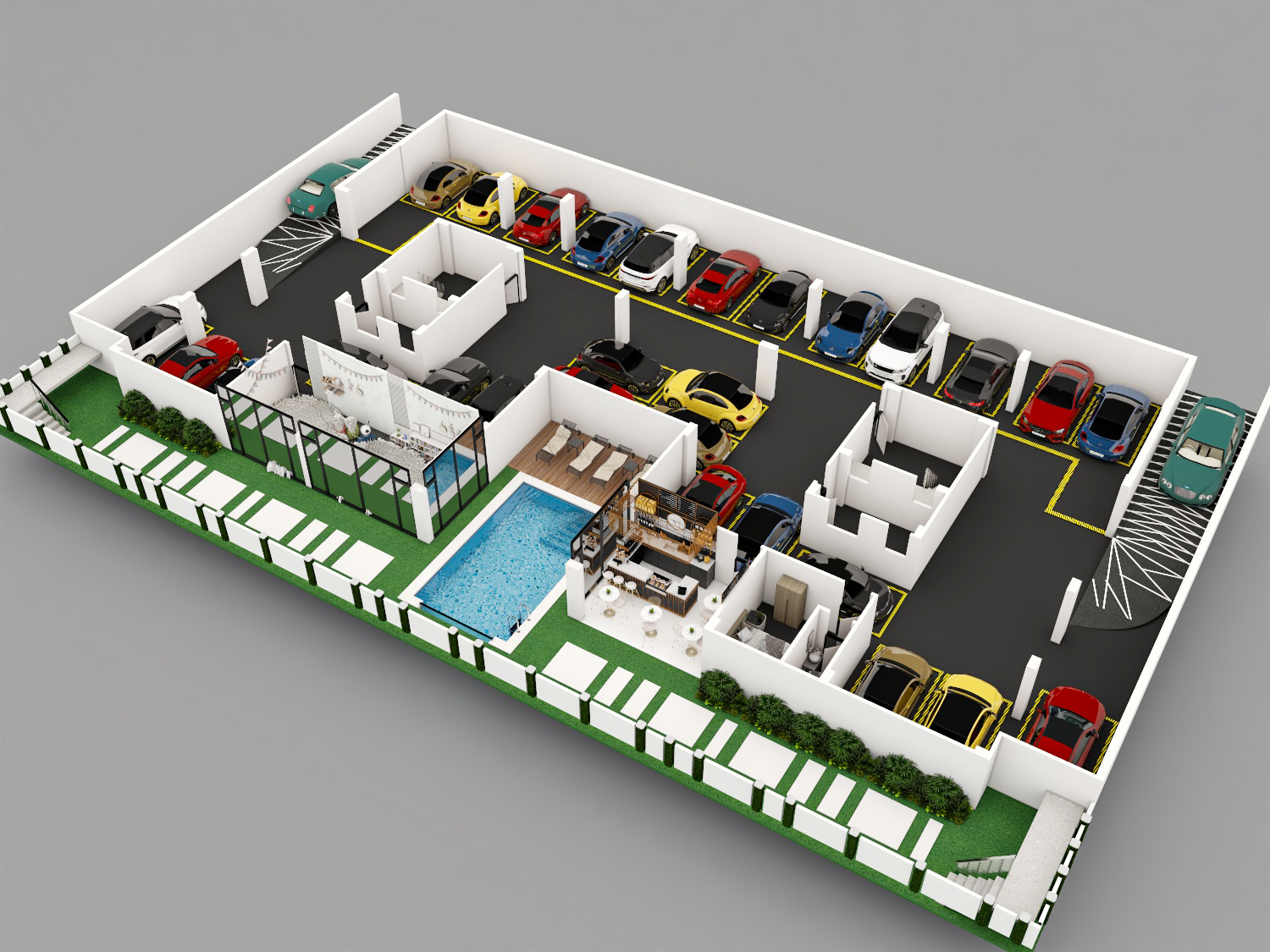 NB 26 — Mini Compound NB 26+27 — Garage level perspective with pool and cafe corner