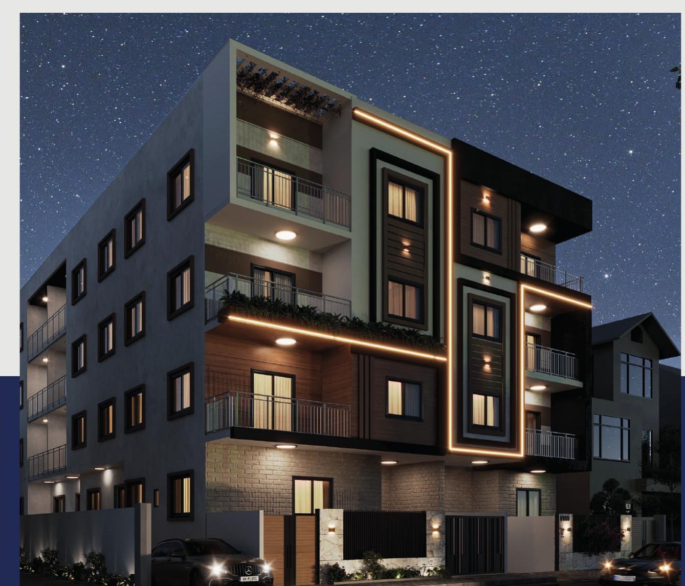 F-160 — Beit Al Watan — Corner view — night lighting