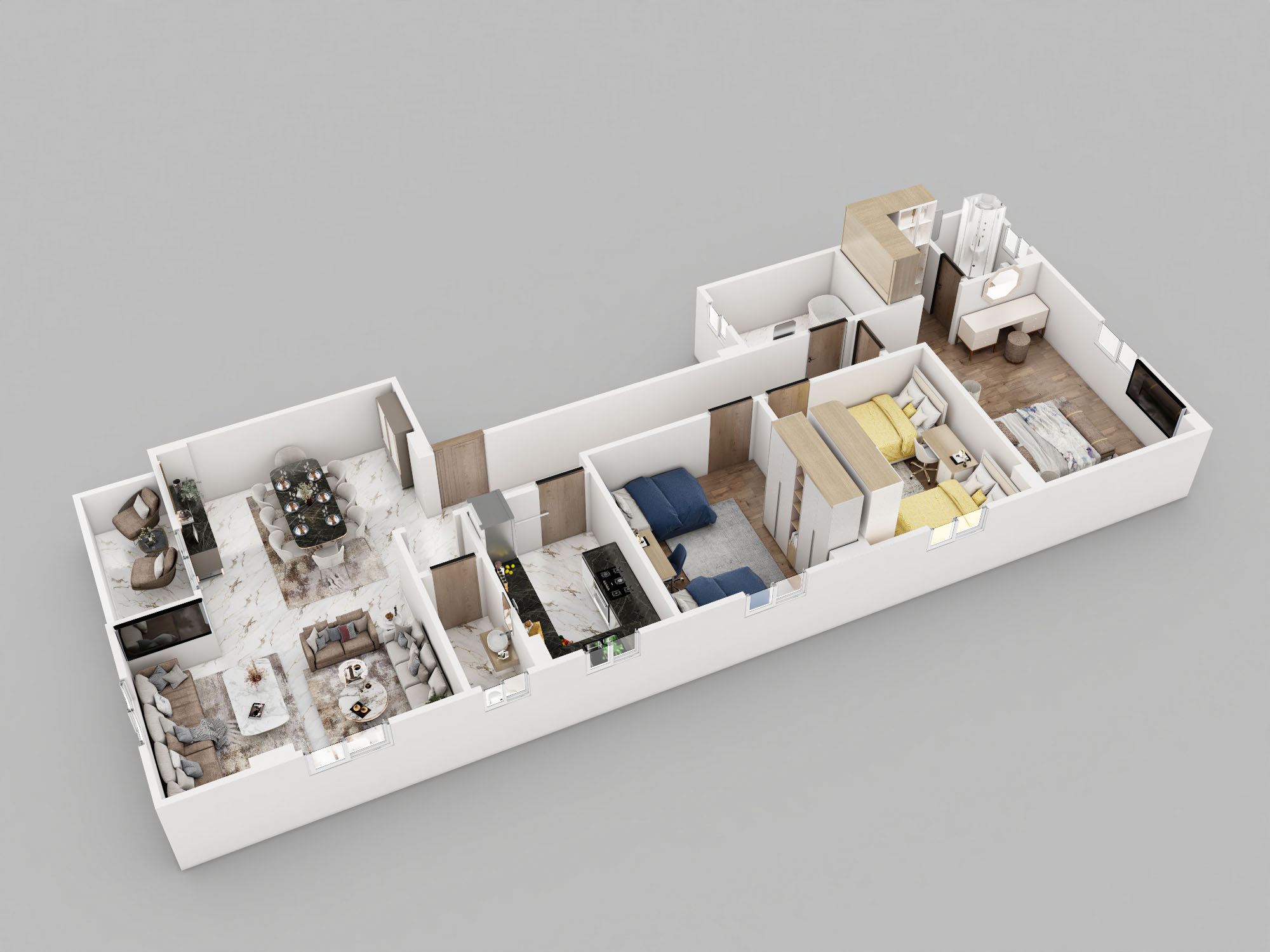 NB 27 — Mini Compound NB 26+27 — Typical-floor 3D layout — 2 receptions + 3 bedrooms